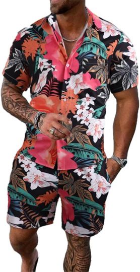 Discover Men's Hawaiian Shirt and Shorts Set - Summer Tropical Print Short Sleeve Outfit