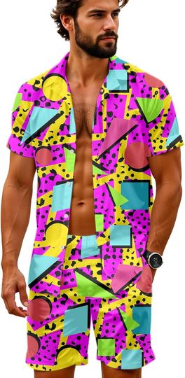 Discover Artsadd 80s 90s Hawaiian Shirt and Shorts Set for Men - Beach Party Outfit