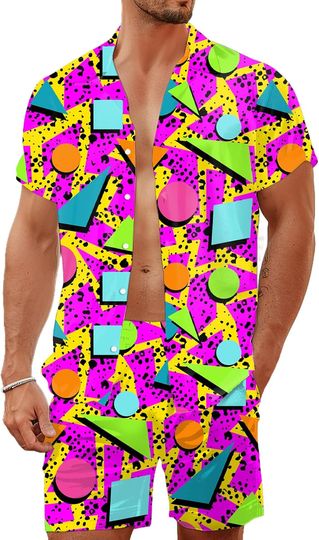 Discover 80s 90s Men's Hawaiian Shirt and Shorts Set Button Down Beach Outfit