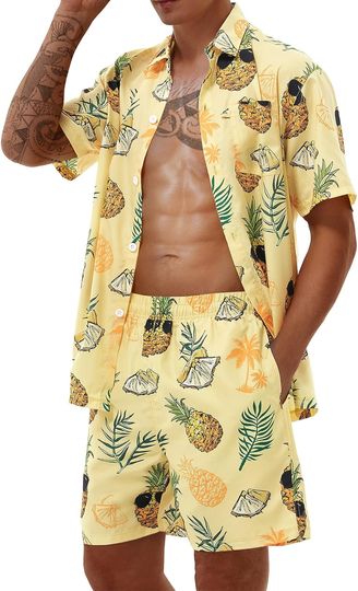 Discover Men's Hawaiian Matching Set - Tropical Flower Short Sleeve Shirt and Shorts