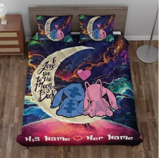 Discover Personalized I Love You To The Moon And Back Stitchh & Angel 3D Quilt Bedding Set