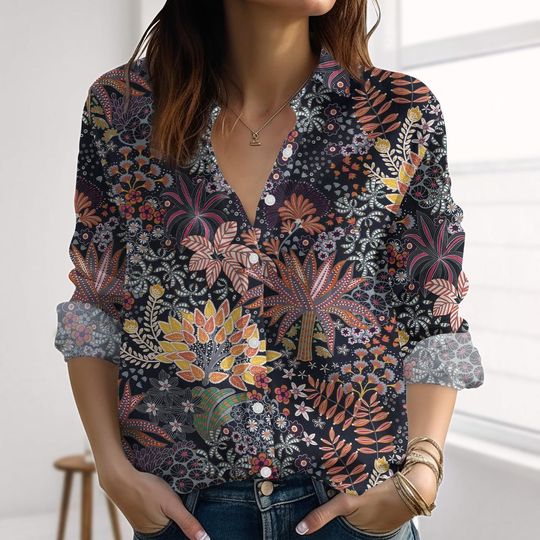 Discover Tropical Floral Linen-Look Shirt, Botanical Print Blouse For Women