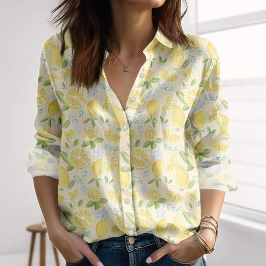 Discover Lemon Summer Linen-Look Shirt, Yellow Citrus Shirt For Women