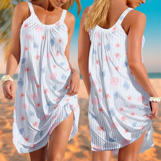 Discover Seashell Floral Stripe Sling Summer Dress, Beach Summer Dress
