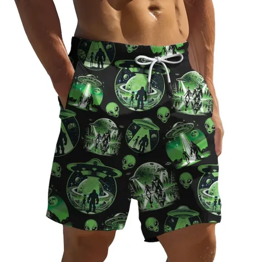 Discover Men’s Alien Abduction Swim Trunks – UFO Space Shorts Funny Beachwear