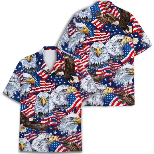 Discover Men’s Hawaiian Shirt American Flag Bald Eagle Print – Patriotic 4th of July USA