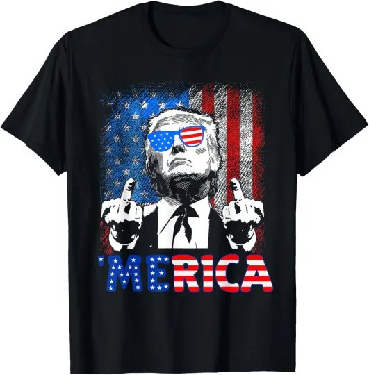 Discover Funny Trump 4th Of July Merica American Flag Sunglasses Unisex T-Shirt