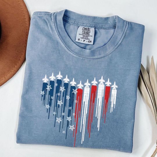 Discover jet Airplane Heart Red White Blue American Flag 4th of July Shirt, Patriotic Shirt