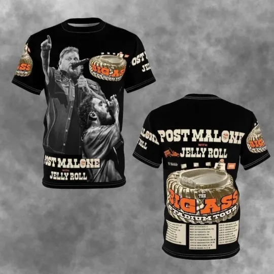 Discover Post Malone Jelly Roll Big Ass Stadium 2025 Tour 3D Western Concert T-shirt All