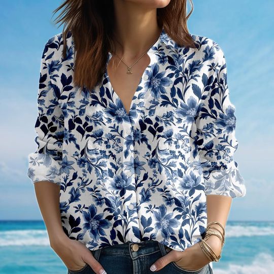 Discover Vintage Floral Blouse Shirt, Retro Blue And White Women Shirt