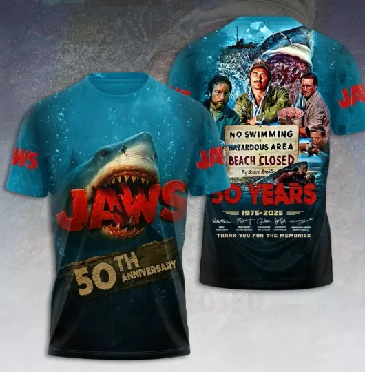 Discover Jaws 50Th Anniversary 1975-2025 Signatures 3D T-Shirt