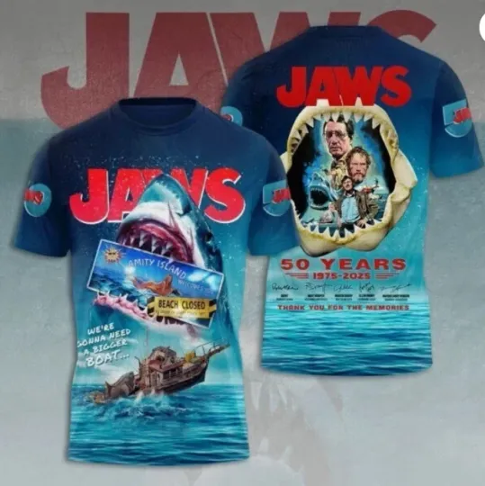 Discover Jaws Movie 50 Years 1975-2025 Thank For The Memories 3D Shirt