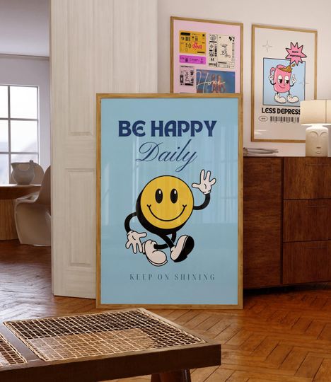 Discover Be Happy Daily Poster, Retro Character Wall Art