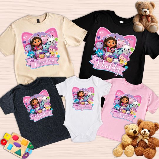 Discover Custom Gabby Birthday T-Shirt, Personalized Dollhouse Party Theme Kitty Cute Family Matching Tee Kawaii Cat