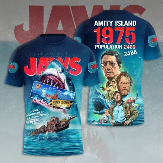 Discover Jaws Amity Island 1975 Population 3D Printed T-Shirt