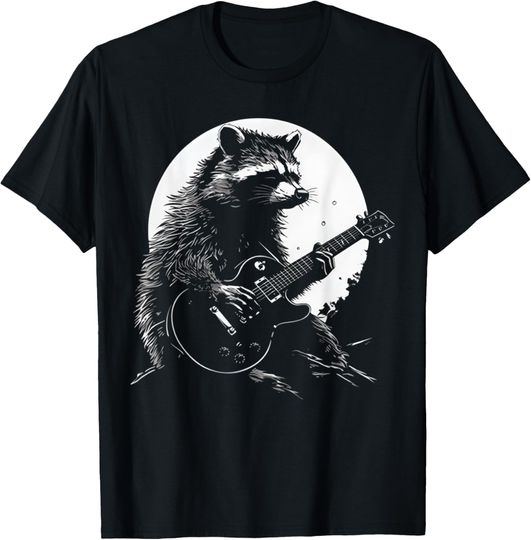 Discover Racoon Playing Guitar with Moon Funny Raccoon Meme Guitarist T-Shirt