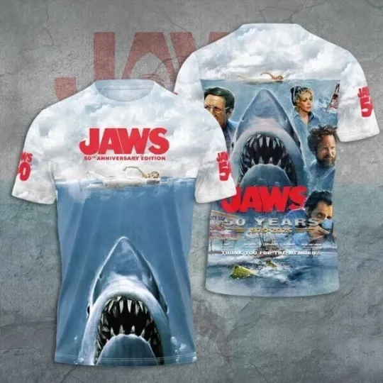 Discover Jaws Movie 50 Years 1975-2025 Thank For The Memories 3D T-Shirt