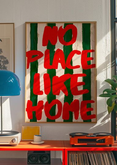 Discover No Place Like Home, Typography Poster, Red Wall Art, Stripe Wall Print