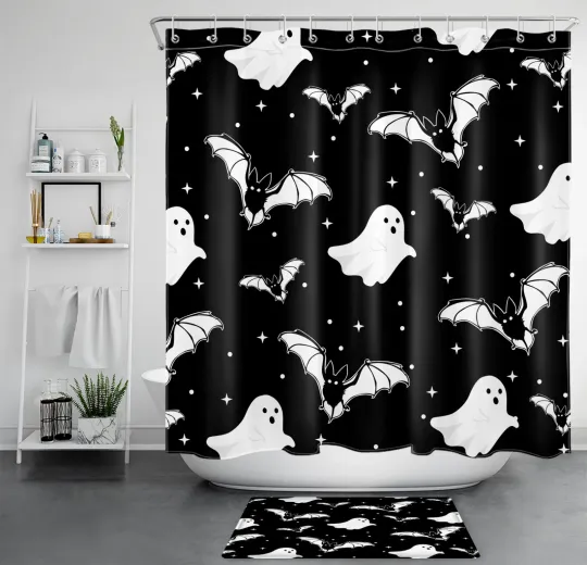 Discover Spooky Bat Black and White Halloween Shower Curtain  for Bathroom Decor