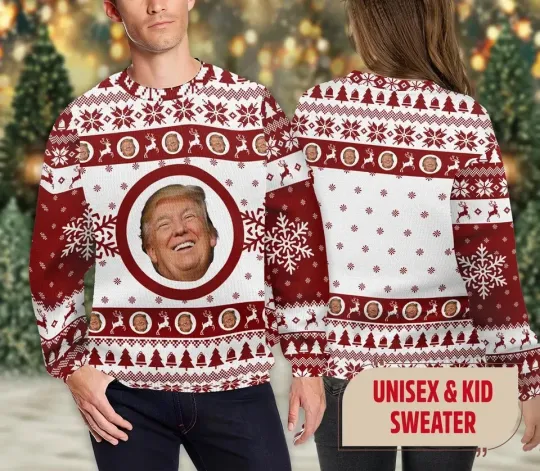 Discover BG Funny Trump Face Christmas Ugly Sweater, Trump 2024 Sweater, Trump Xmas
