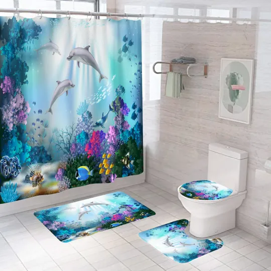 Discover Sea World Shower Curtain Bathroom Rug Set Bath Mat  Toilet Lid Cover