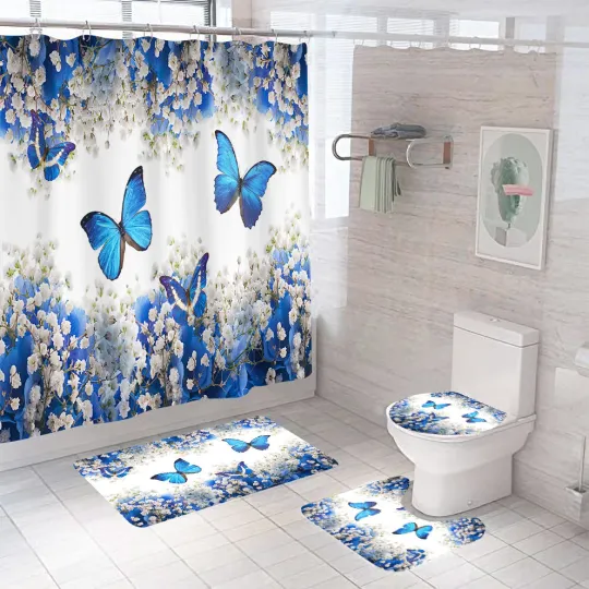 Discover Butterfly Shower Curtain Bathroom Rug Set Bath Mat  Toilet Lid Cover