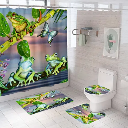 Discover Frog Butterfly Shower Curtain Bathroom Rug Bath Mat  Toilet Lid Cover