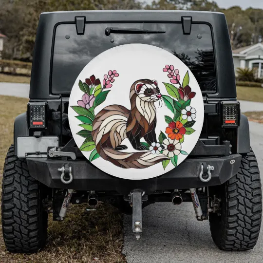 Discover Ferret Cute Spare Tire Cover, Floral Ferret Art Spare Tire Cover for Car