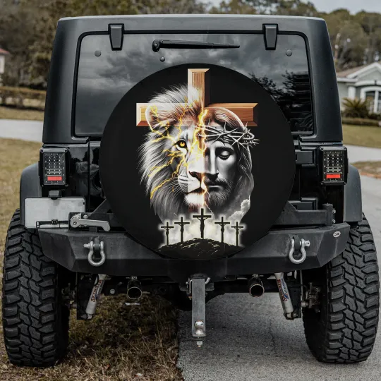 Discover Christian Lion and Cross Spare Tire Cover, Faith God Prayer Car Wheel Protector