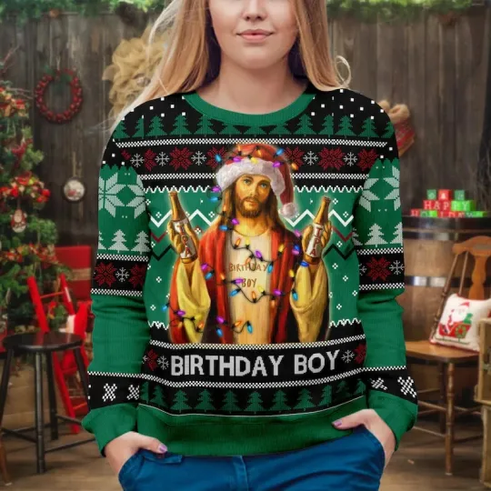Discover BG Birthday Boy Jesus Ugly Christmas Sweater Unisex Adult Jesus All Over Printed