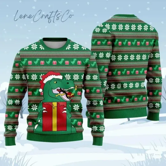 Discover BG Funny Dinosaur Ugly Christmas Sweater, Cute Dino Holiday Sweater for Animal L