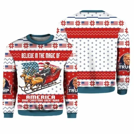Discover President Trump 45 47 Belive In The Magic Of America MAGA Christmas Ugly Sweater