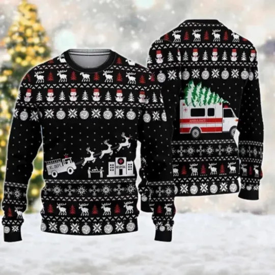 Discover Paramedic Hospital Ambulance Ugly Christmas Sweater, Ambulance Christmas Tree