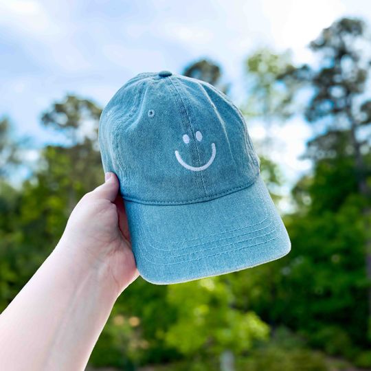 Discover Happy Face Denim Hat, Embroidered Denim Denim Hat