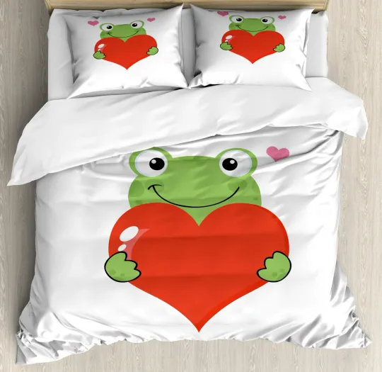 Discover Love Duvet Cover Set with Pillow Shams Cute Funny Cartoon Frog Print