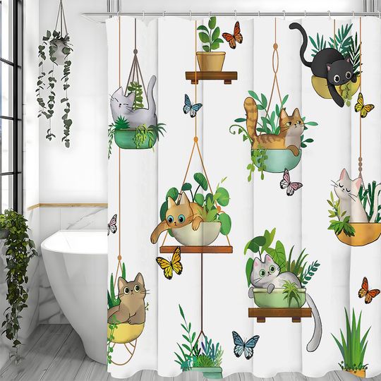 Discover Cat Shower Curtain, Hanging Potted Kitten Plant Stand Bathroom Decorative Shower Curtain