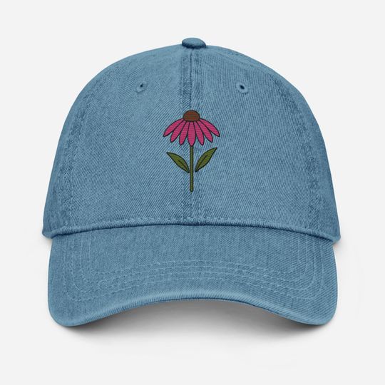 Discover Coneflower Embroidered Hat, Wildflower Denim Baseball Cap, Gift for Gardeners or Herbalists, Aesthetic Floral Dad Hat