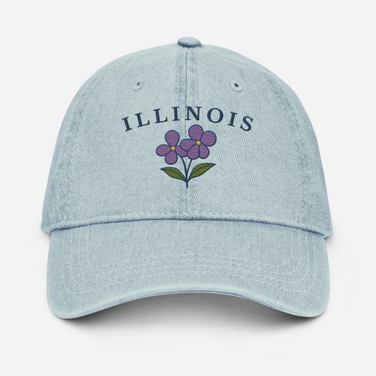 Discover Embroidered Illinois Violet Denim Hat, State Flower Cap, Light Denim Dad Hat