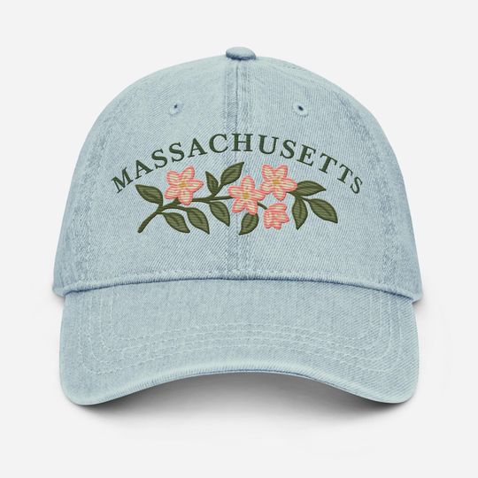 Discover Embroidered Massachusetts Flower Denim Hat, Mayflower Cap, State Floral Hat, Botanical Baseball Cap, Denim Baseball Cap