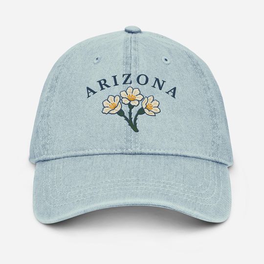 Discover Embroidered Arizonna Flower Denim Hat, State Wildflower Gift, Saguaro Blossom Hat, Denim Baseball Cap