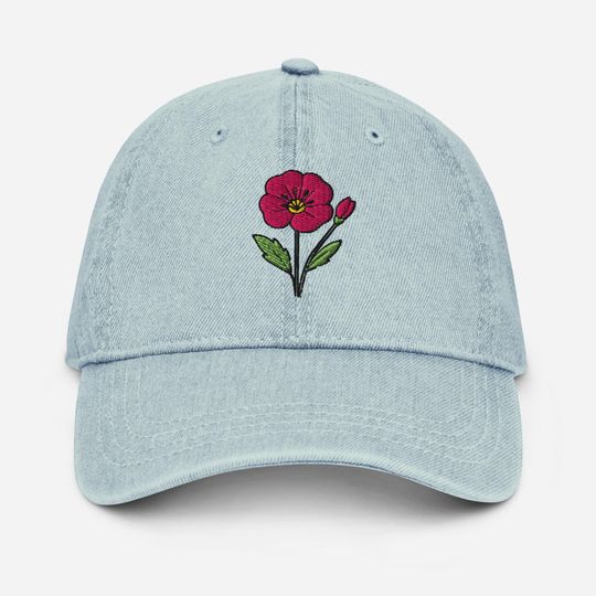 Discover Embroidered Wildflower Denim Hat, Primrose Flower, Denim Floral Cap, Botanical Baseball Hat for Gardeners, Cottagecore Gif