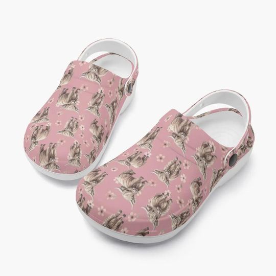 Discover Highland Cattle Clogs  Pink garden shoes with cow motif and flowers