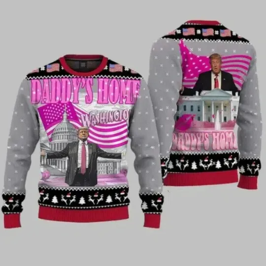 Discover Daddy’s Home White House Pink Trump 2024 Ugly Christmas Sweater Happy Holiday