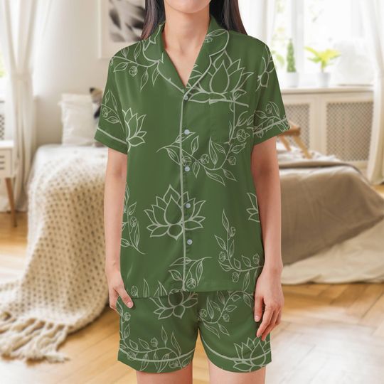 Discover Green Lotus Satin Short Sleeves Pajama Set