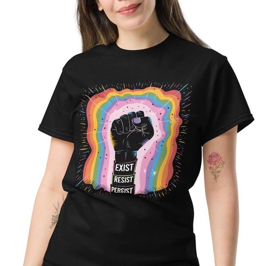 Discover Exist Resist Persist  LGBTQ+ Pride Activist Shirt