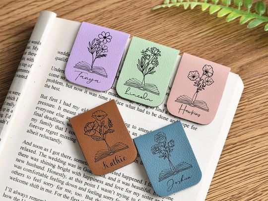 Discover Birthday Flower Bookmark with Name, Personalized Leather Bookmark