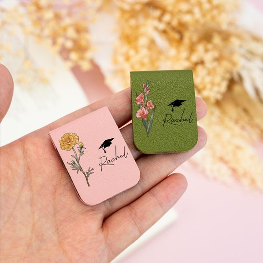 Discover Graduation Leather Magnetic Bookmark Gift, Birth Flower Bookmark, Name Leather Bookmark