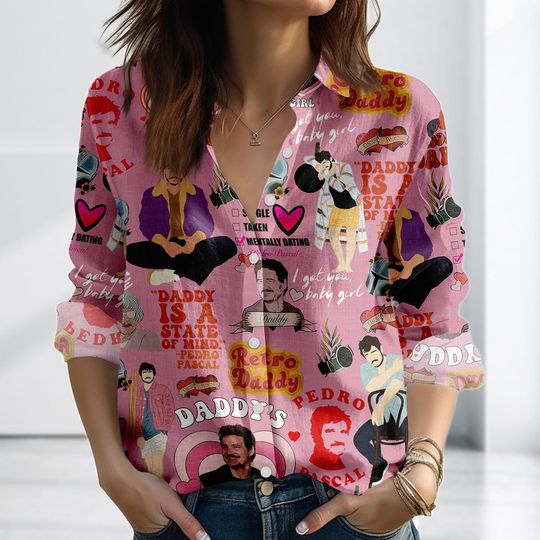 Discover Pedro Pascal Linen-Look Shirt, Retro Daddy Blouse Shirt