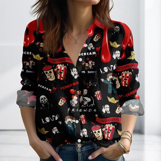 Discover Lets Watch Horror Movies Blouse Shirt, Scream Horror Linen-Look Shirt
