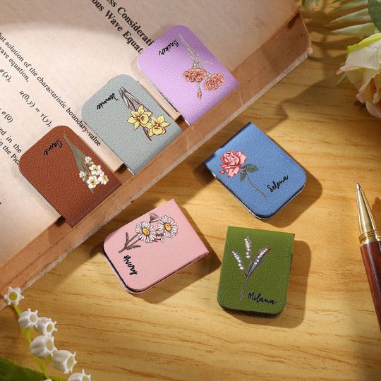 Discover Custom Name Leather Magnetic Bookmark, Personalized Leather Bookmark with Birth Flower